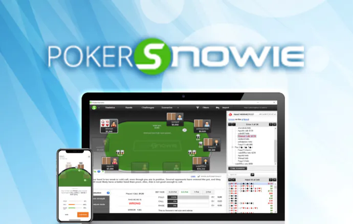 PokerSnowie のロゴと、デスクトップ版・スマートフォン版の画面